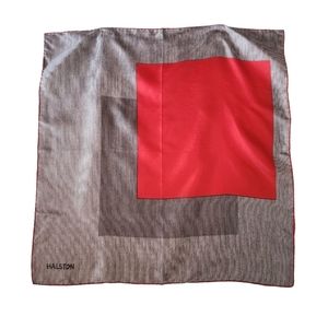 VINTAGE Halston Red Gray Geometric silk print scarf 18.5 x 19 in. Made in France